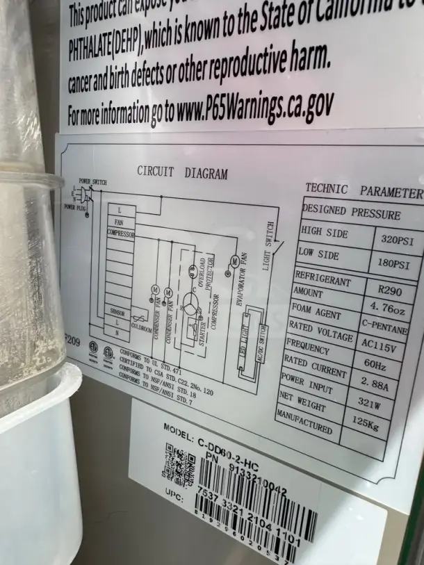 Migali C-DD60-2-HC beer dispenser diagram and specifications on label, highlighting model number, voltage, and refrigerant details.