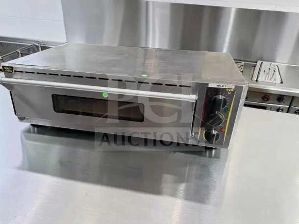 Equipex SODIR PZ4302D countertop electric pizza oven, single deck, fire brick stone, 120V, 5700W, elite condition, ETL listed.