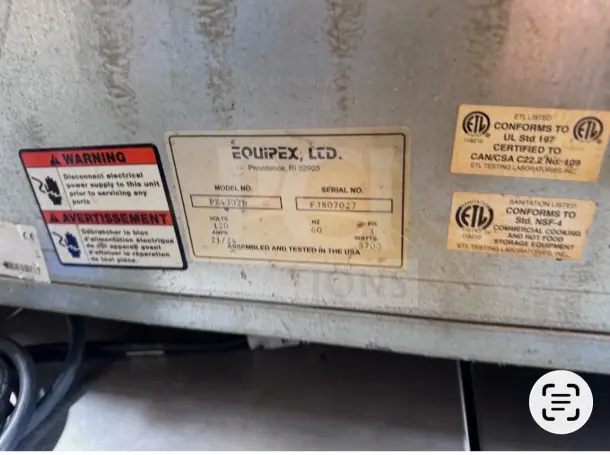 Equipex SODIR PZ4302D countertop electric pizza oven, 120V, 5700W, ETL listed, fire brick stone. Model label shows specs.