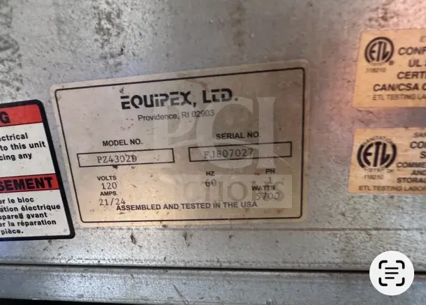 Equipex SODIR PZ4302D pizza oven label, showing model number, serial number FJ807027, 120V, 5700W, ETL listed.