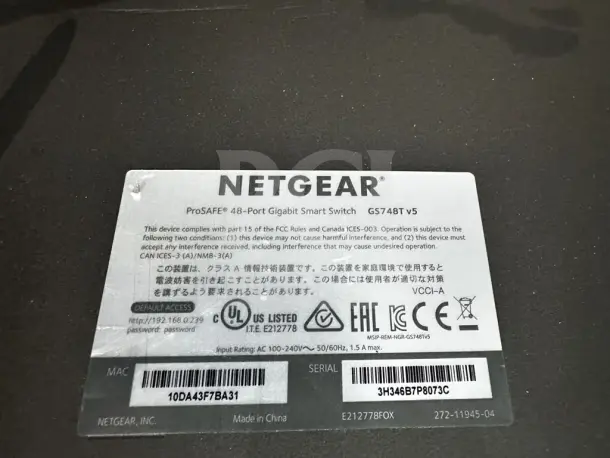 NETGEAR ProSAFE GS748Tv5, 48-Port Gigabit Switch label, high-grade, fully tested, includes 2 SFP and 2 combo ports.
