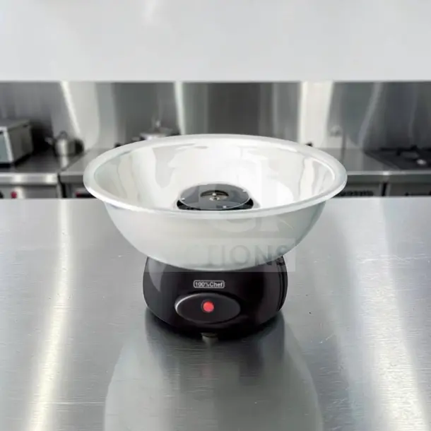 100% Chef Snack Cotton Mini-Pro 600 cotton candy machine, in excellent condition, on a stainless steel table. Model CHE-S-COT-1339.