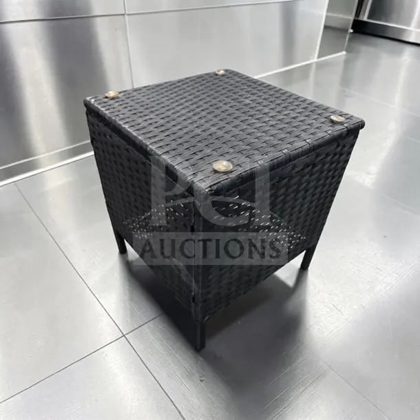 Unbranded 18-Inch Black Woven Wicker Cube Side Table, square design, excellent condition, patio-ready, inspected.