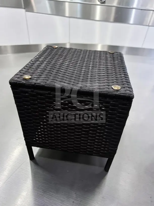 Unbranded 18-inch black woven wicker cube side table, excellent condition, square design, inspected for patio use.