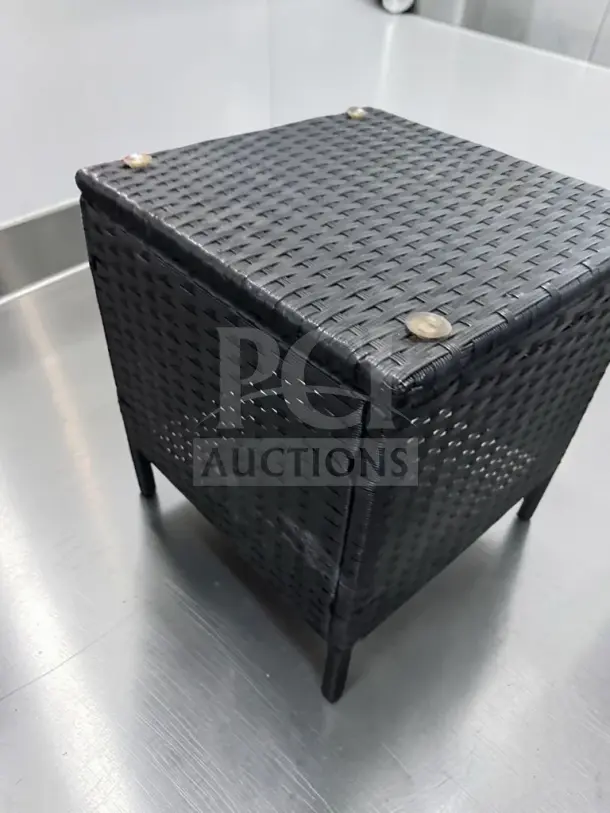 Unbranded 18-inch black woven wicker cube side table in remarkable condition, inspected, square patio accent piece.