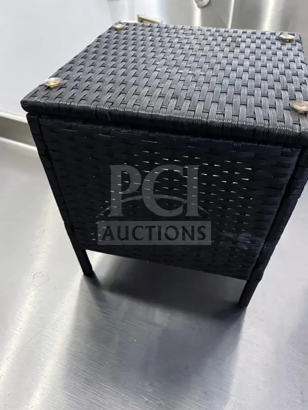 Unbranded 18-Inch black woven wicker cube side table in remarkable condition. Square patio accent piece, inspected and ready for use.