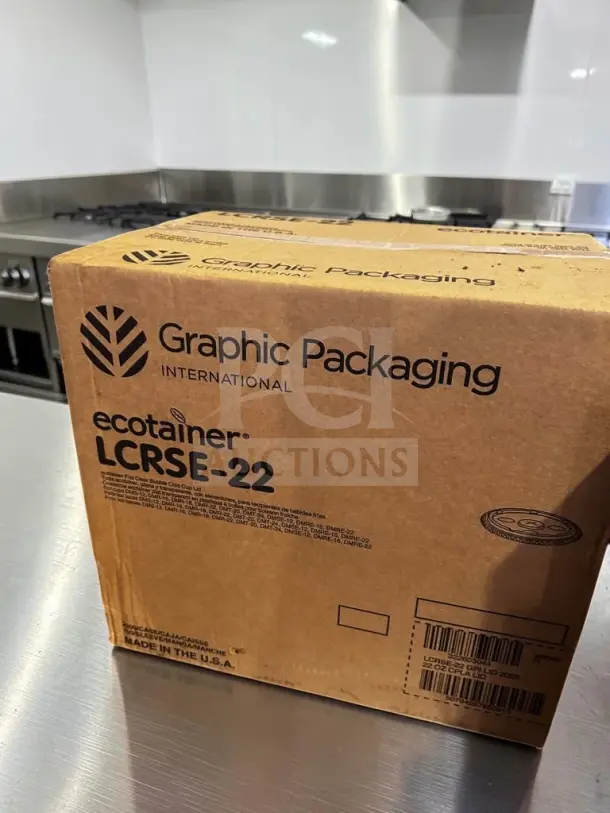Brand-new sealed case of Graphic Packaging ecotainer LCRSE-22 PLA cold-cup lids, 12–24 oz compatibility, 2,000 count.