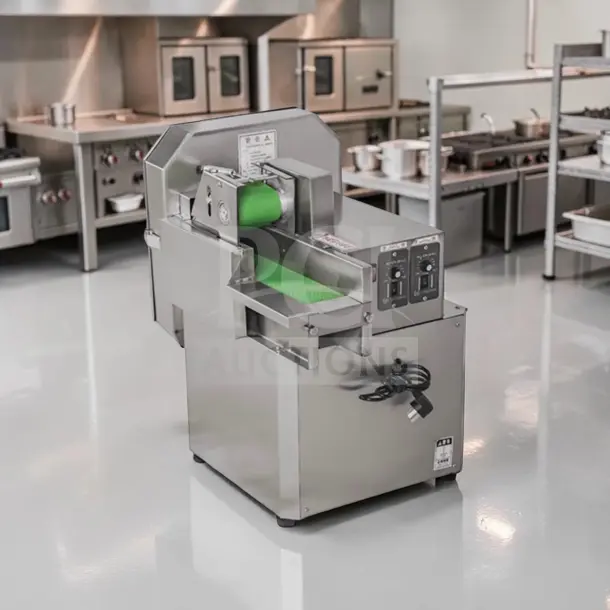 Ming Chun MG-666 Conveyor Vegetable Cutting Machine, exceptional condition, adjustable blade and belt speeds, 110V, kitchen setting.