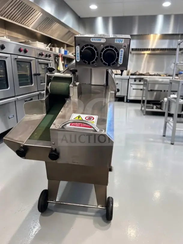 Ming Chun MG-666 conveyor vegetable cutter, adjustable blade and belt speeds, 110V, tested and operational, label showing settings.