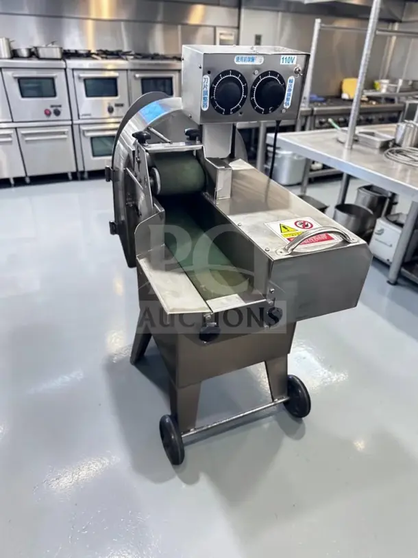 Ming Chun MG-666 commercial conveyor vegetable cutting machine, adjustable blades, fully operational, 110V, excellent condition.
