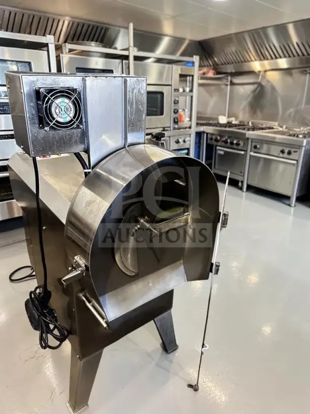 Ming Chun MG-666 conveyor vegetable cutter, stainless steel, adjustable blade and belt speeds, 110V, excellent condition.