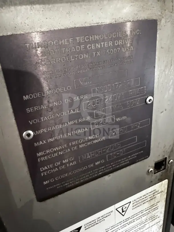 TurboChef Sota i1 NGO convection/microwave oven, 208/240V, model plate detail, serial N9DJ1771, March 2015.