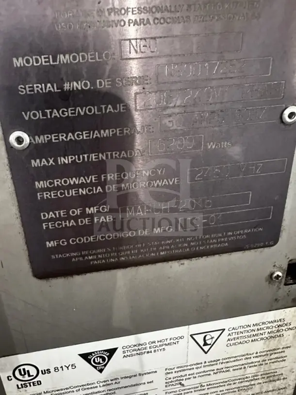 Label on TurboChef Sota i1 oven shows model NGO, serial number N9011733, voltage 208/240V, made March 2016.