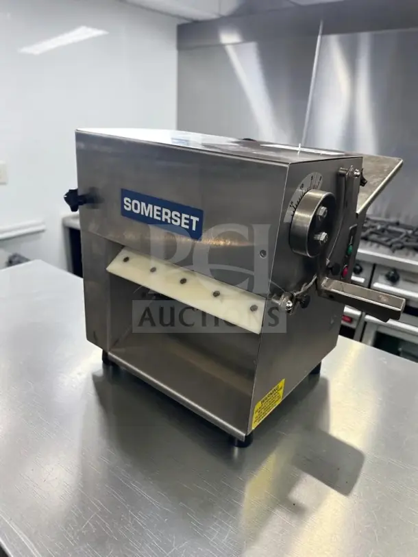 Somerset CDR-100P dough sheeter in outstanding condition, 10" countertop model, 115V, fully operational, visible logo.
