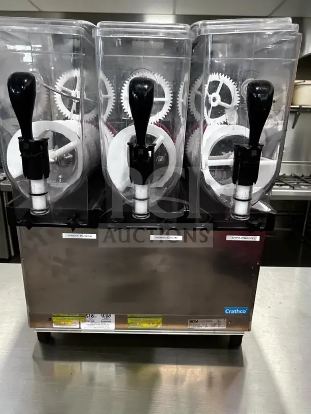 Crathco Frosty Dream 3 Triple-Bowl Granita Machine, 3.2-gallon capacity, superior condition, fully tested, labeled flavors.