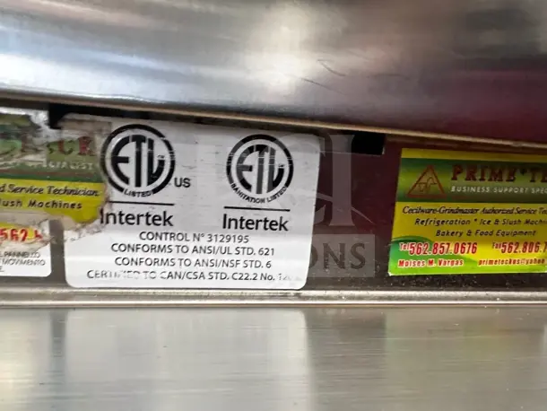 ETL certification label on a Crathco Frosty Dream 3 machine, showing compliance with ANSI and CSA standards.