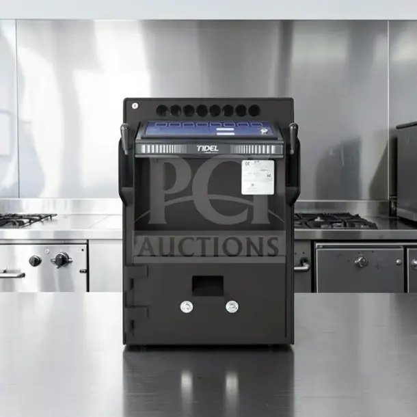 Prime condition Tidel TACC IIA cash controller and dual-drop safe, fully tested, model TACC, 100–250V, label visible.
