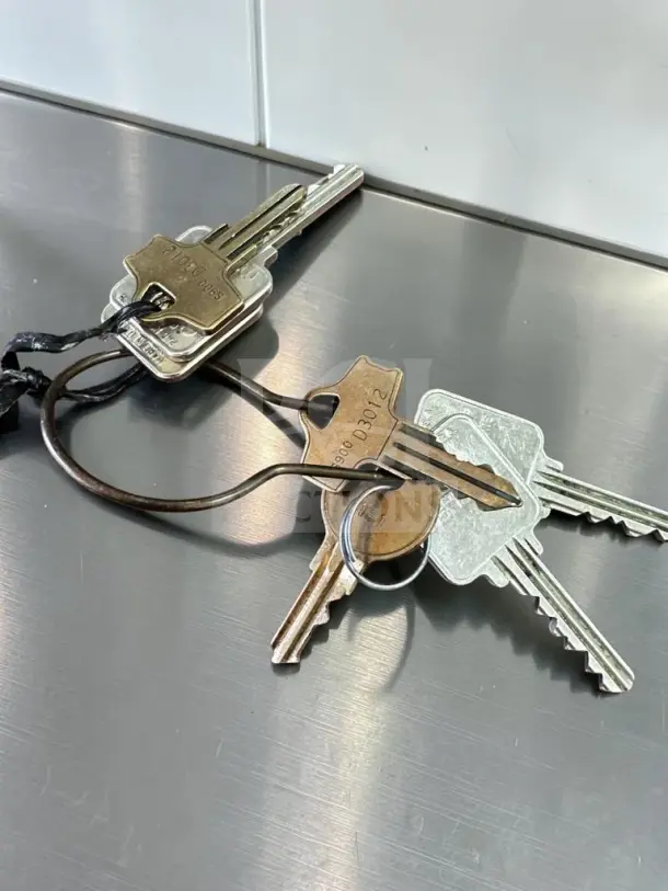 Close-up of keys on a ring for Tidel/Fidel TACC IIA dual-drop security safe, showing engraved codes.