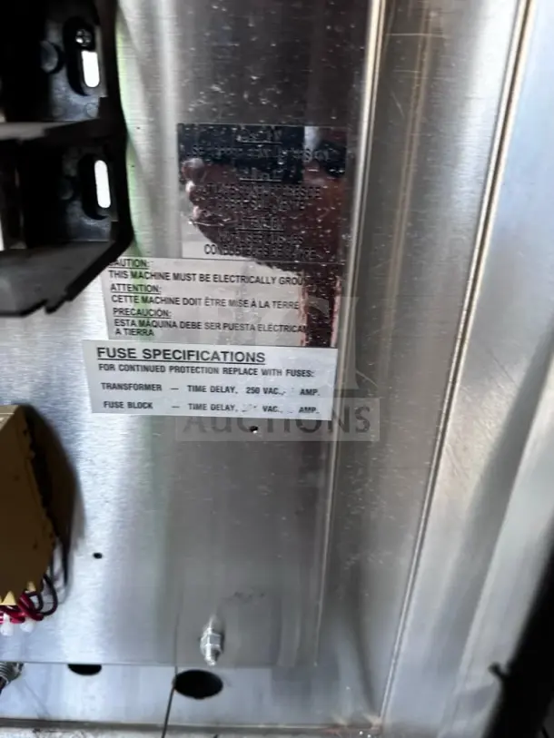 LVO FL14F commercial washer with fuse specifications label, showing grounding warning. Model FL14, 460V, 3-phase, excellent condition.