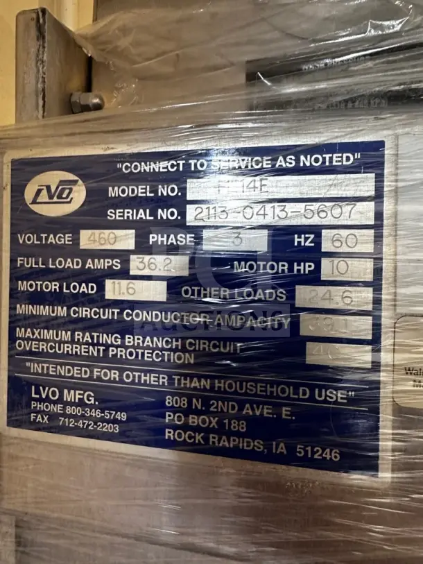 LVO FL14F commercial washer label showing model, serial number, voltage, and specifications. Great condition, fully operational.