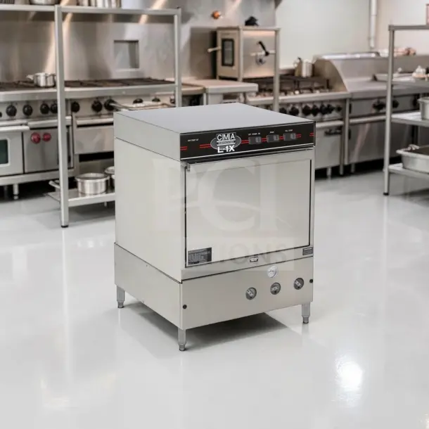 CMA L-1X undercounter dishwasher, well-maintained, 30 racks/hour, 24" wide, 115V, fully tested, operational, stainless steel.
