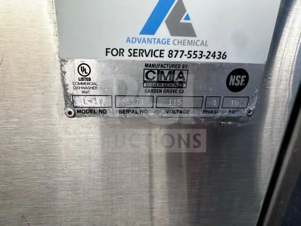 CMA Dishmachines L-1X undercounter dishwasher label; model 216571, 115V, NSF certified, UL listed for commercial use.