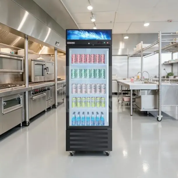 IDW G-12-F334B-HC single glass door merchandiser cooler, 11.4 Cu. Ft., ENERGY STAR, fully operational, in a commercial kitchen.