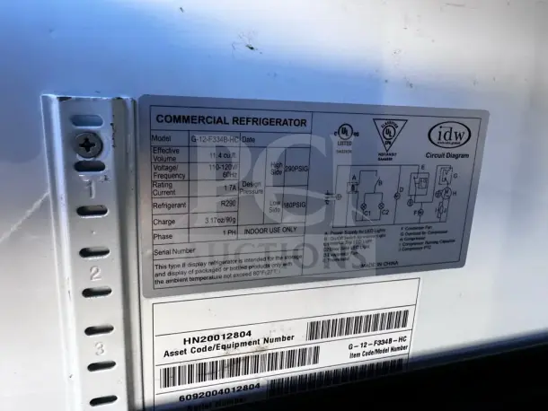 IDW G-12-F334B-HC single glass door cooler label showing 11.4 cu. ft. capacity, 115V, ENERGY STAR rating, model IDW-M-MRC-1351.