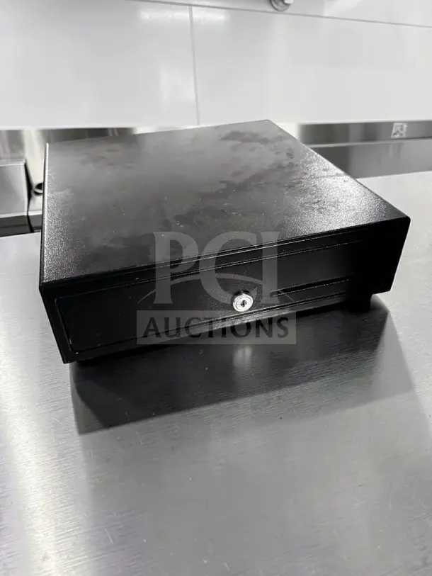 APG Cash Drawer VB452-BL1313, 13" electronic POS, high-grade condition, 24VDC, fully operational, sleek black finish.