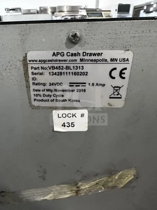 APG Vasario VB452-BL1313 POS cash drawer, 13", 24VDC, fully tested, lock #435, high-grade condition, November 2016.