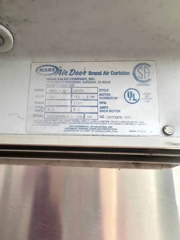 Mars Air Systems 48CH-0 air curtain label showing specs: 115V, 1725 RPM, UL listed, for commercial use, Made in USA.
