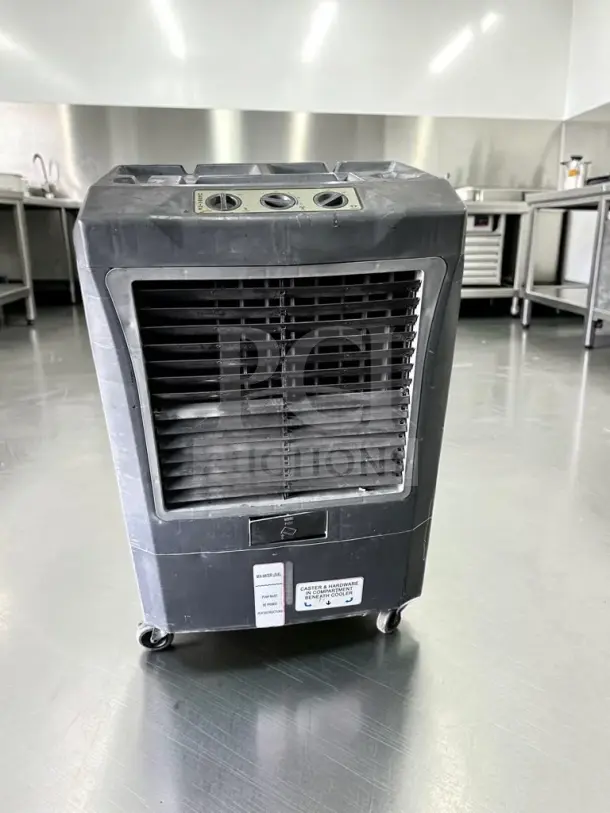 Hessaire MC37V portable evaporative cooler, 3,100 CFM, 950 sq. ft. coverage, fully tested, excellent condition, on casters.