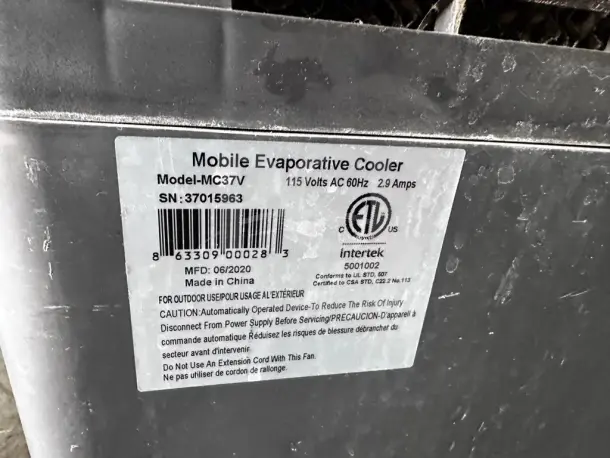 Hessaire MC37V portable evaporative cooler, tested, 3,100 CFM, 950 sq. ft. coverage, 115V, label showing model and specs.
