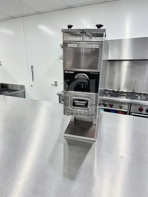 Bunn G9-2T DBC Tall Batch Coffee Grinder, dual 6 lb hoppers, Precision Grinder label, stainless, great condition, 120V.