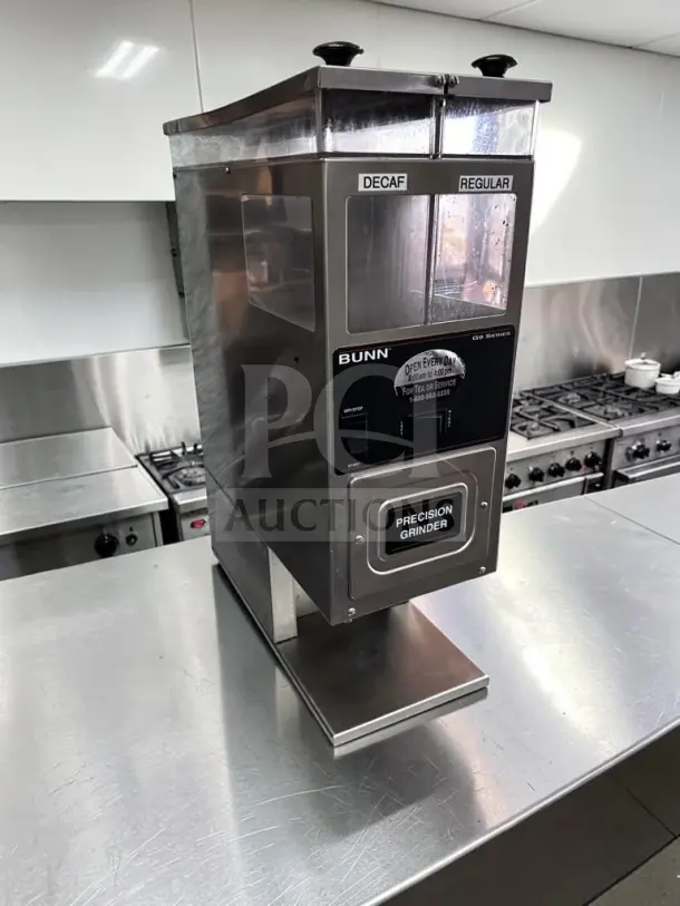 Bunn-O-Matic G9-2T DBC Tall Coffee Grinder, dual 6 lb hoppers, 120V, excellent condition, model 33700.0000, fully tested.