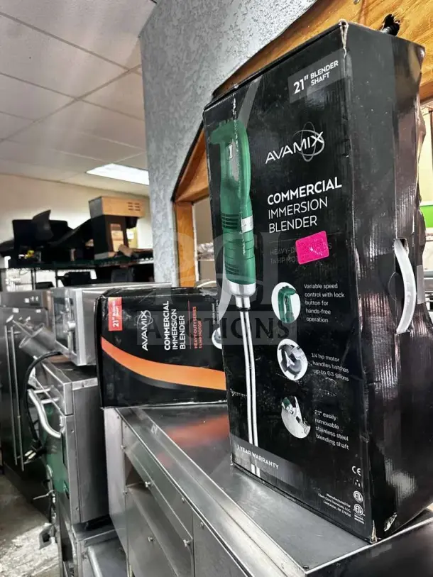 AvaMix IBHD21 immersion blender, new condition, 21" heavy-duty shaft, 1 1/4 HP, variable speed, in original box, fully tested.