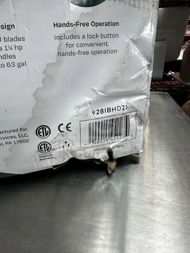 New AvaMix IBHD21 immersion blender box, 21" heavy-duty, 1 1/4 HP, labeled for hands-free operation, slightly damaged packaging.