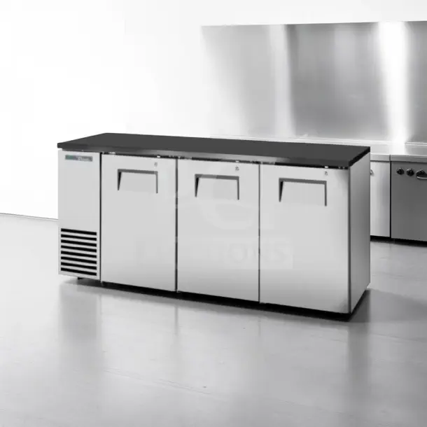 True TBB-24GAL-72-S, 72" three-door stainless-steel back bar cooler, elite condition, 115V, fully tested.