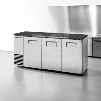 True TBB-24GAL-72-S, 72" three-door stainless-steel back bar cooler, elite condition, 115V, fully tested.