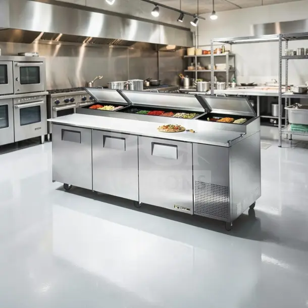 True TPP-93, 93" three-door refrigerated pizza prep table, exceptional condition, 12 pan capacity, tested operational.