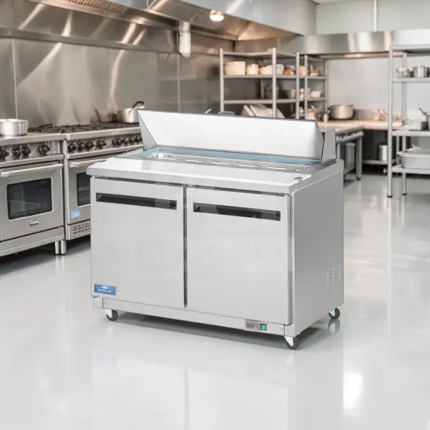 Arctic Air AST48RZ 48" two-door refrigerated prep table, 12-pan capacity, stainless steel, fully tested, 115V power.