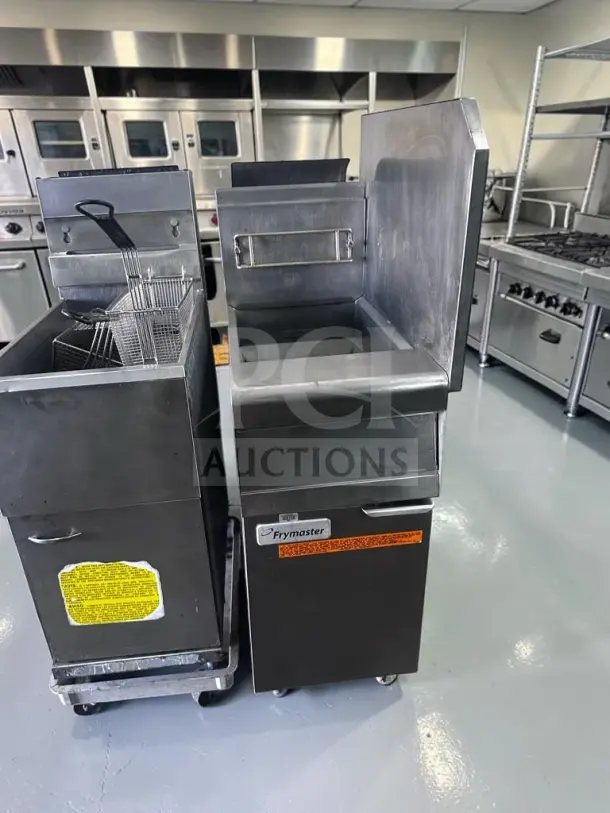 Frymaster PMJ145SC natural-gas floor fryer, 40-50 lb oil capacity, 104,300 BTU, prime condition, fully tested, visible labels.