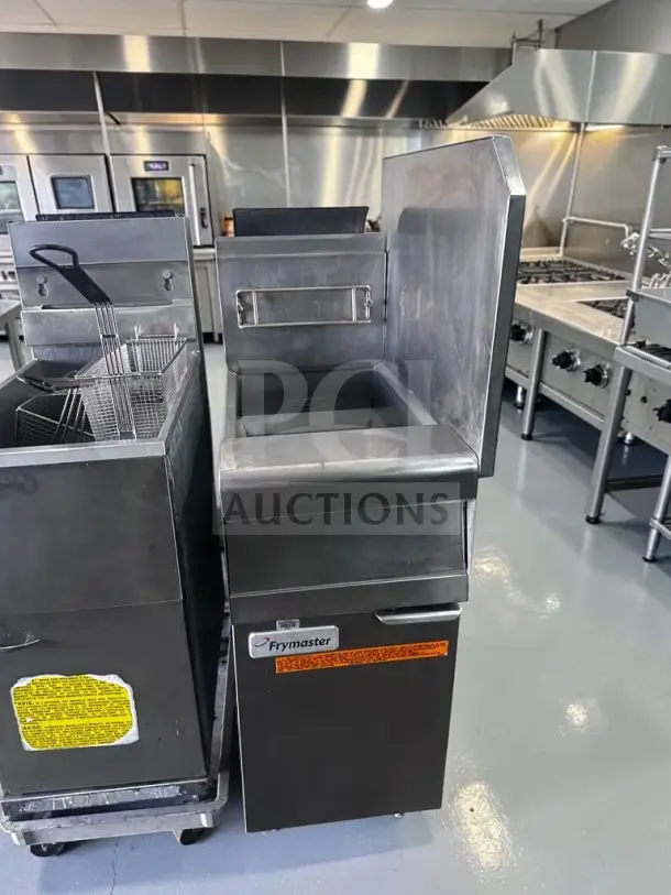 Frymaster PMJ145SC floor fryer, prime condition, 40-50 lb oil capacity, 104,300 BTU, tested and operational, visible Frymaster label.