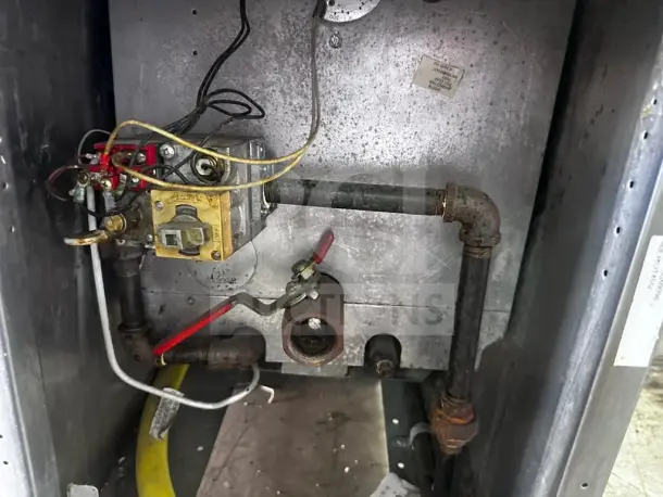 Frymaster PMJ145SC gas fryer interior showing controls and piping, in prime condition, tested and operational.