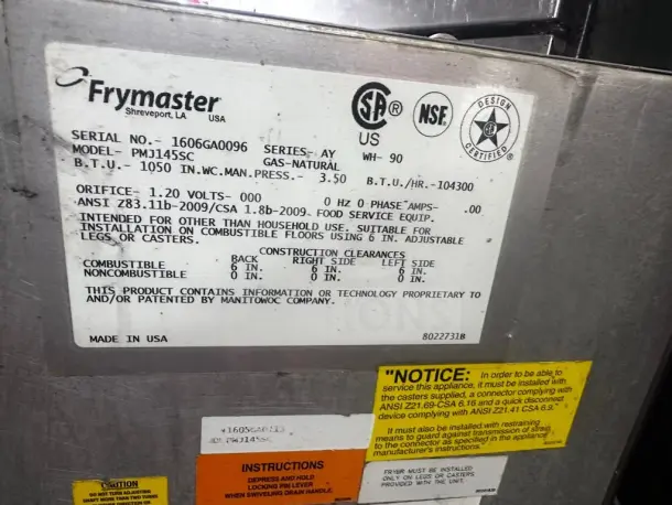 Frymaster PMJ145SC fryer label showing model, BTU 104,300, and gas specs. Made in USA, fully operational.