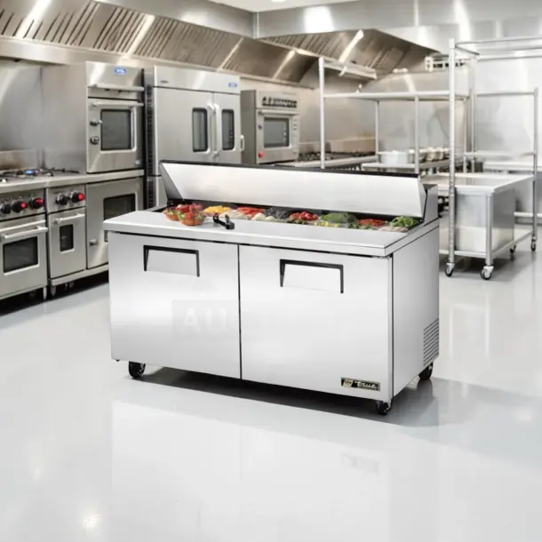 True TSSU-60-16 refrigerated prep table, 60" two-door, 16-pan capacity, fully tested, well-maintained, 115V.