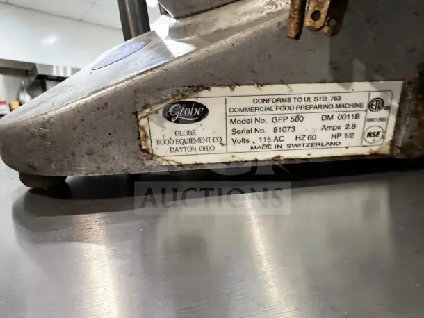 Globe GFP500 commercial food processor, superior condition, 600 lb/hr capacity, 1/2 HP, 115V, tested and operational, label shown.