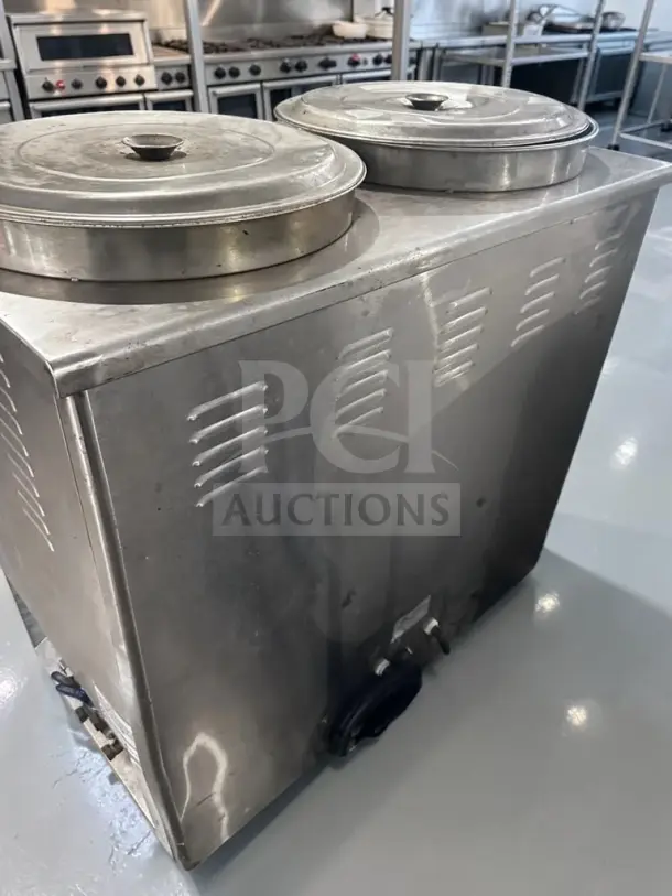 Guangzhou Wellborn BS-65L2 130L double-tank electric cooker, stainless steel, with lids, fully tested and operational.