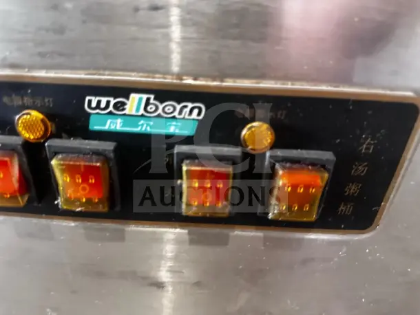 Close-up view of Wellborn BS-65L2 control panel with labeled buttons. Model is a 130L electric soup cooker, fully tested.