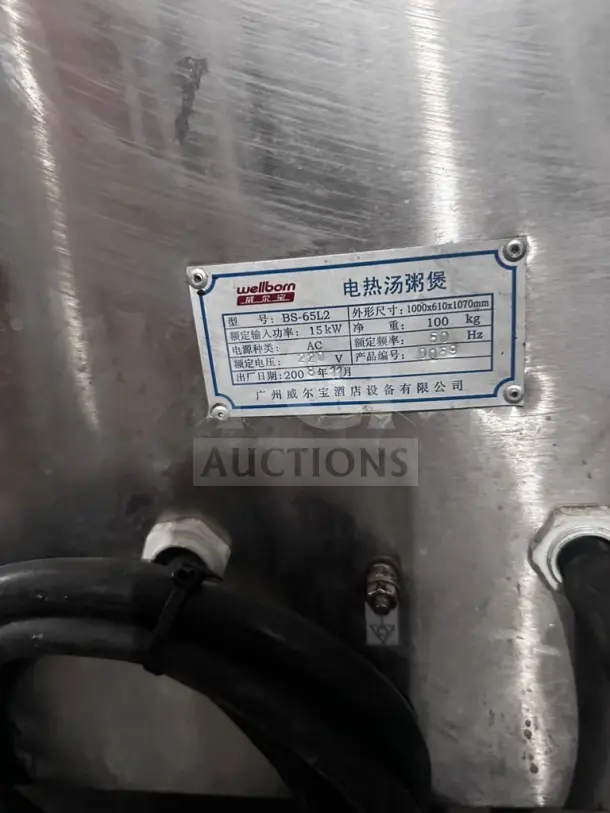 Guangzhou Wellborn BS-65L2 130L double-tank electric soup cooker, 15 kW, 220V, fully tested, operational, serial plate shown.